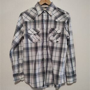 Coastal White Grey Blue Plaid Men's Small Long Sleeve Western Snap Shirt
